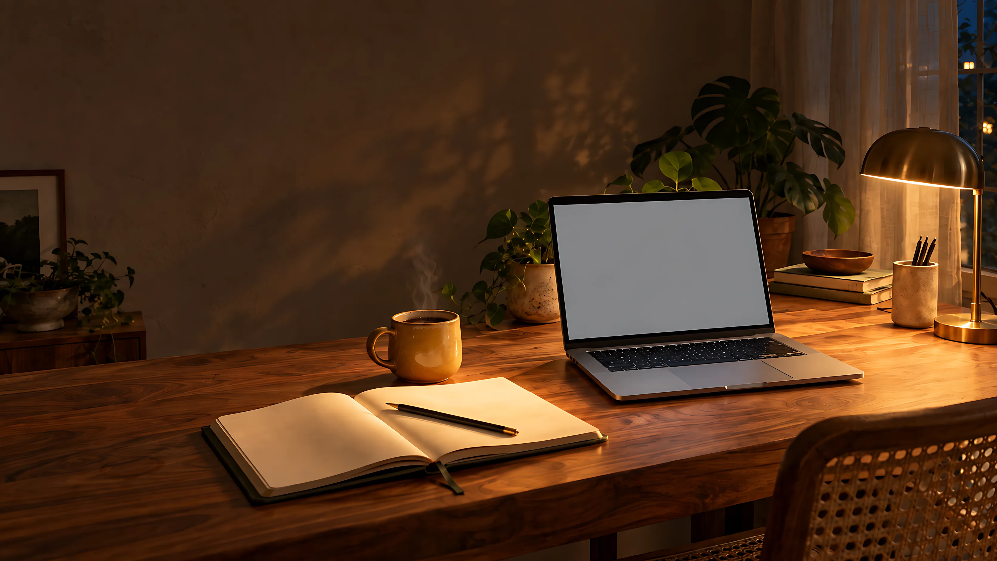 A mesma mesa à noite, com a luminária acesa e o notebook ligado.