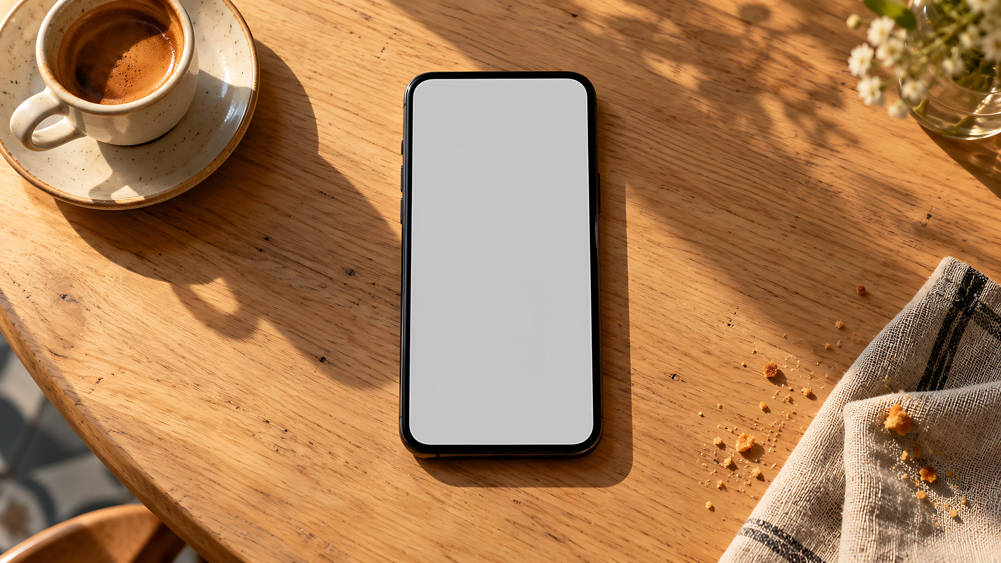 Celular sobre a mesa de um café, ao lado de uma xícara de espresso.