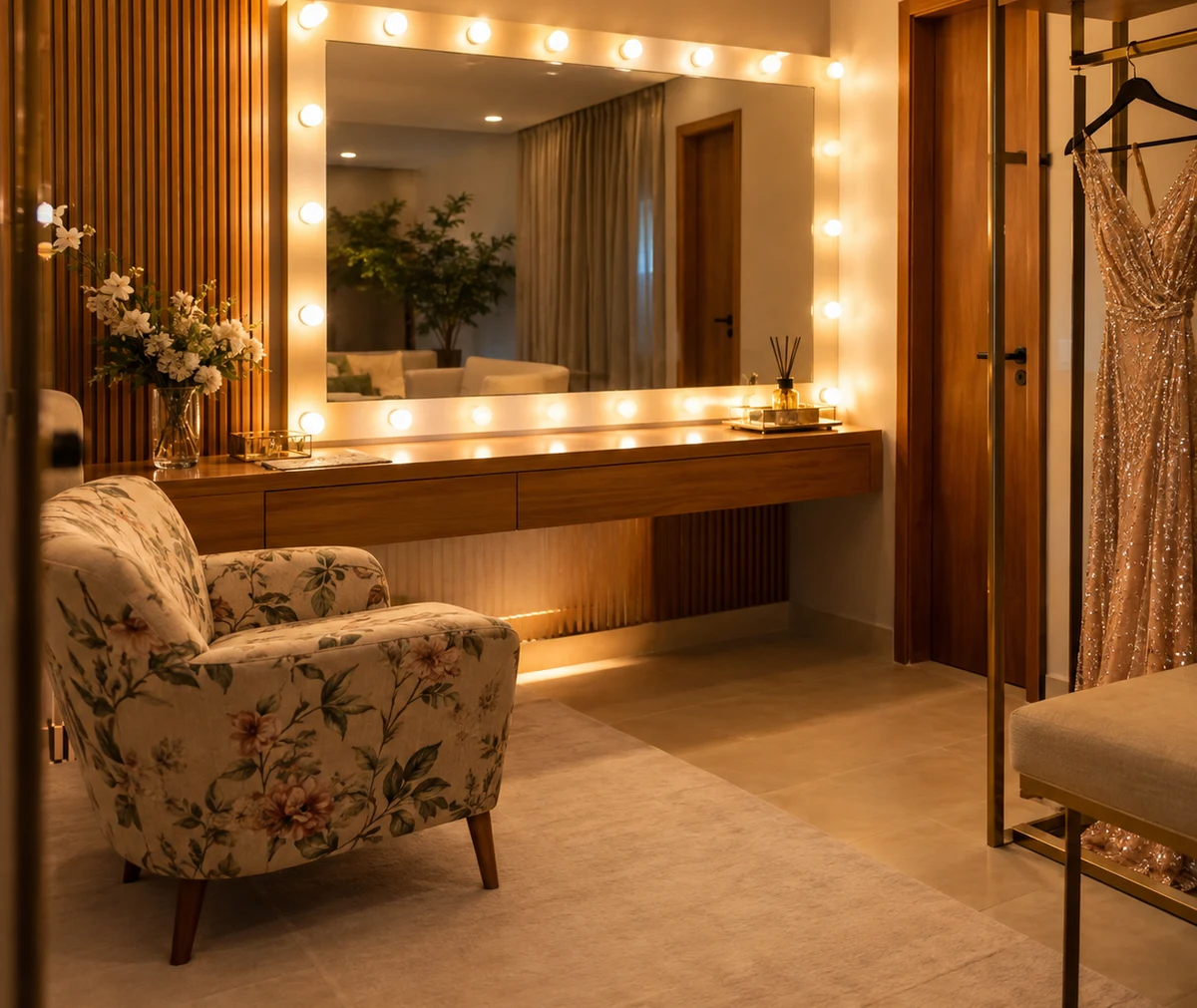 Camarim com espelho iluminado, aparador de madeira e poltrona floral.