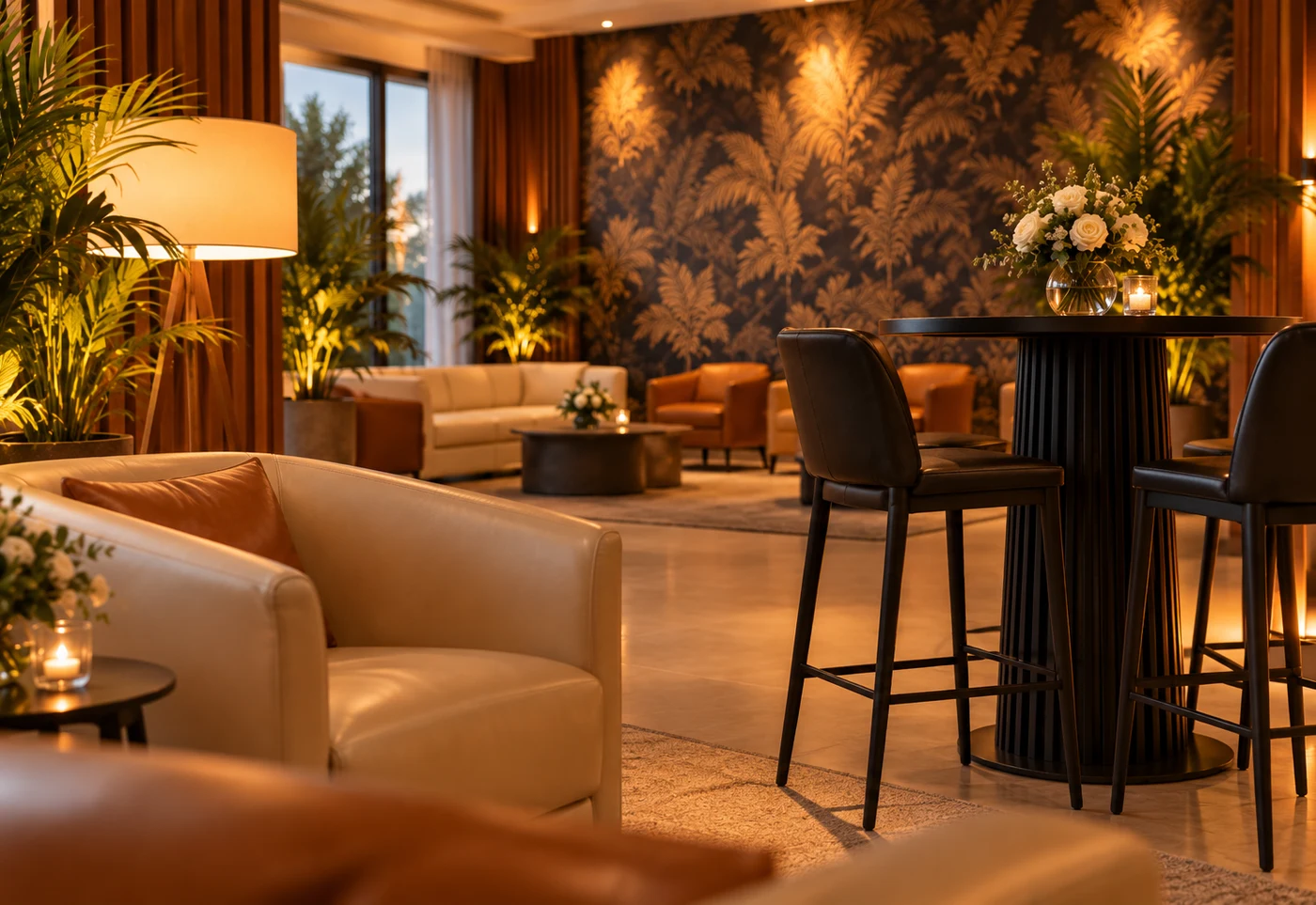 Lounge com papel de parede botânico, poltrona de couro creme e mesa alta com flores.